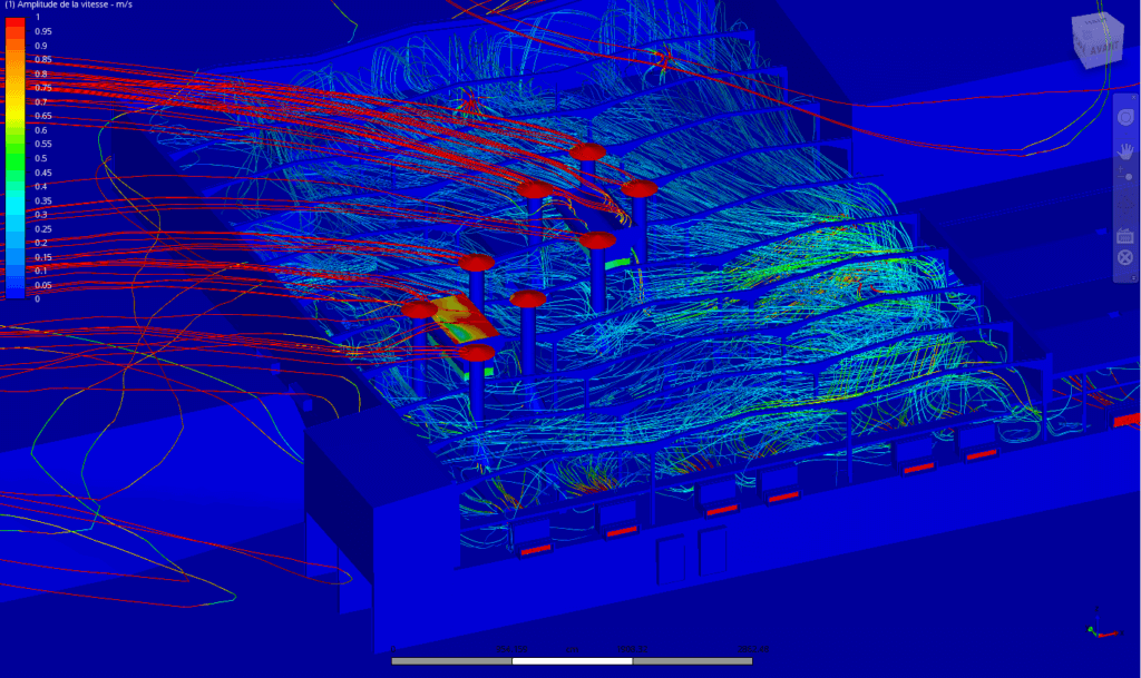 Simulation CFD d'une usine - étude des vitesses d'air - tirage naturel - bruleur gaz équipés de hottes