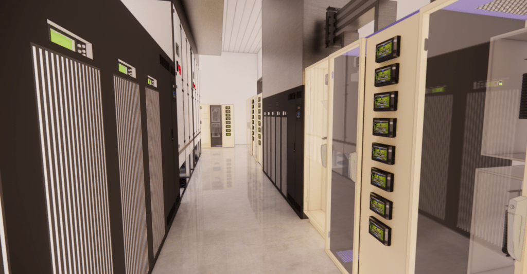 Image de réalité virtuelle montrant l'intérieur d'un local technique d'un data center, avec des serveurs, des câbles et des équipements de refroidissement.