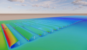 Simulation CFD d'une centrale solaire avec panneaux solaires sous vents extrêmes.