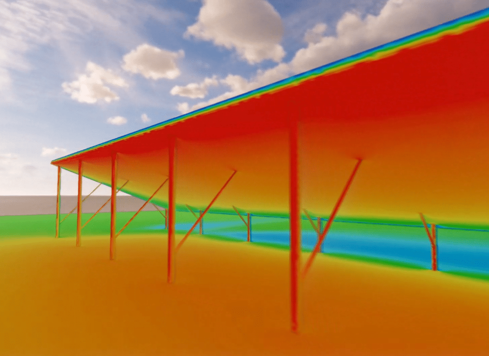 Image des coefficients de pression issus de la simulation de résistance structurelle d'une centrale solaire sous vent extrême.