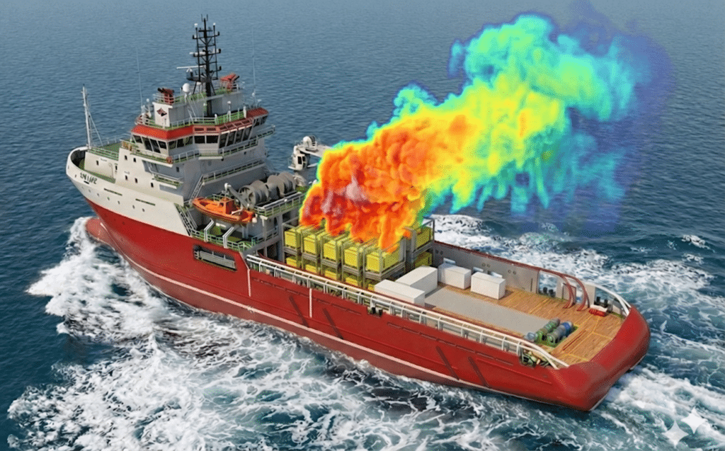 Simulación CFD: Plumas térmicas procedentes de compresores en un buque offshore en alta mar.